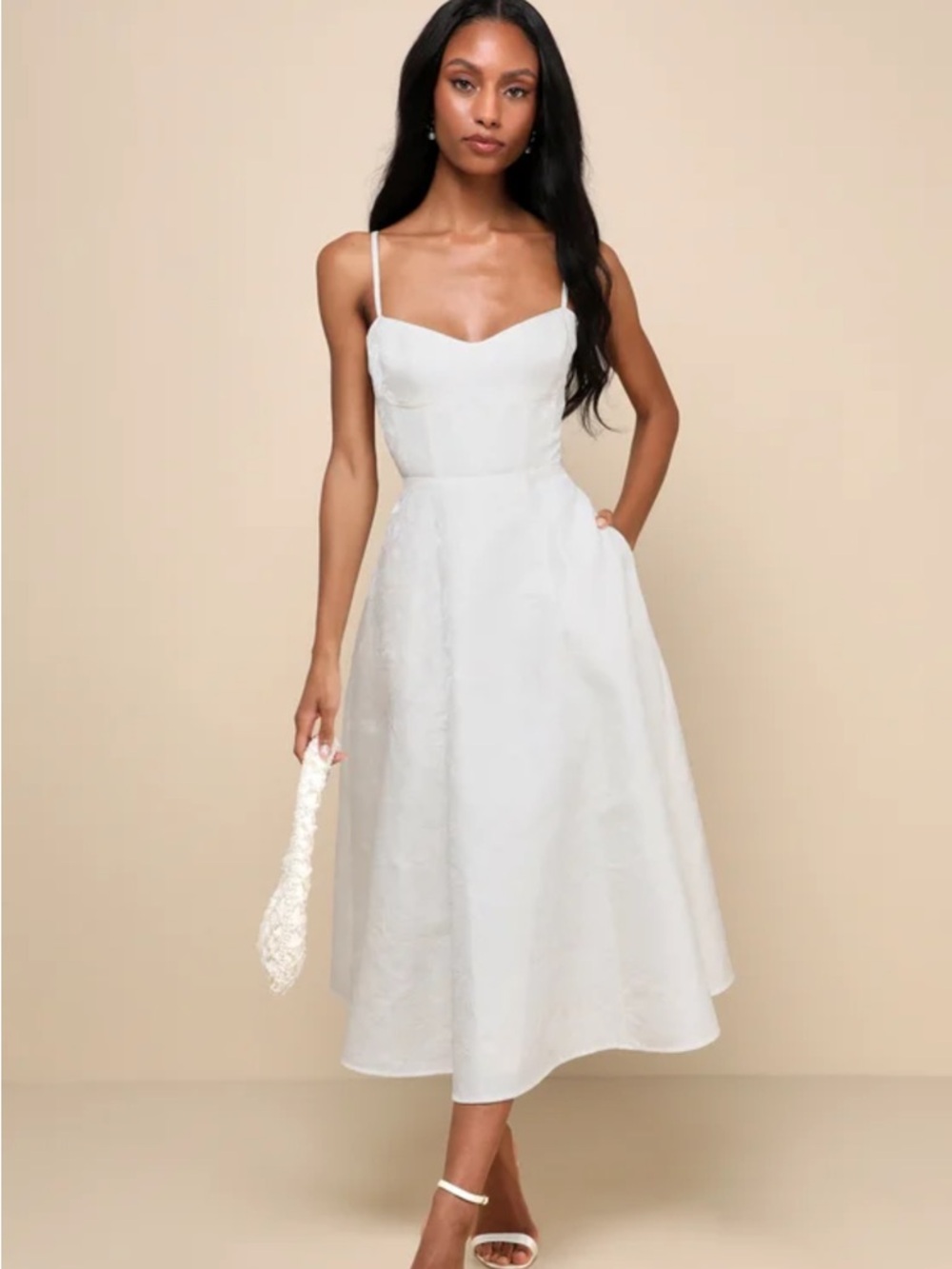 Lulu's Cream Midi Spaghetti-Strap Dress